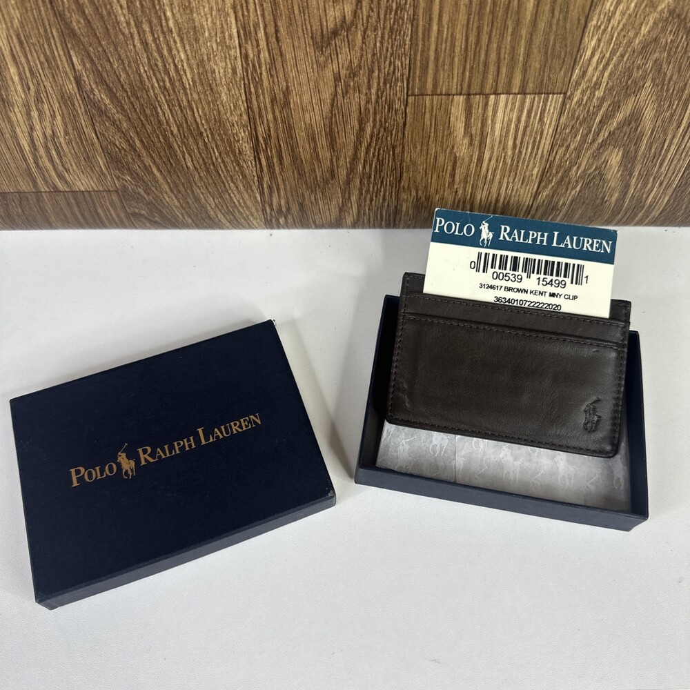 New VINTAGE POLO Ralph Lauren KENT Leather Money Clip w/Card Slots BROWN Wallet